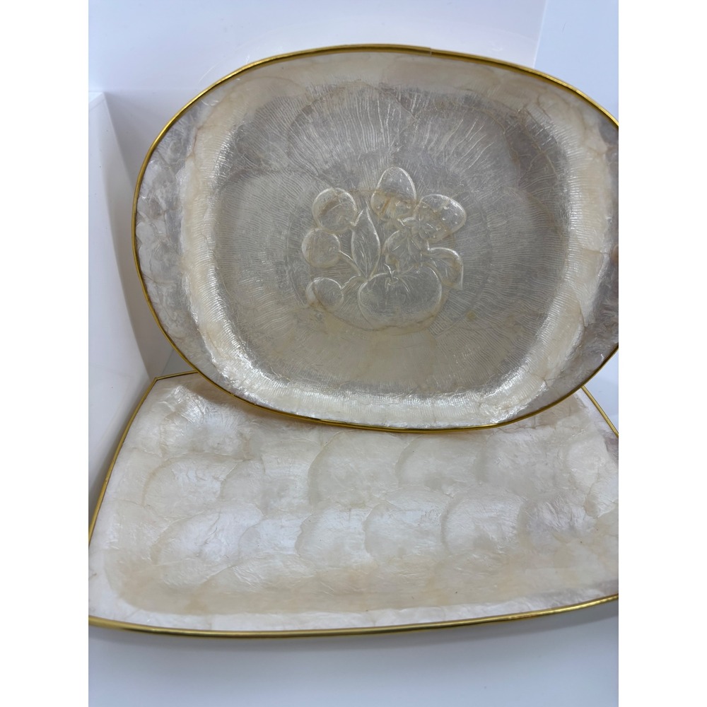 Vintage Capiz Shell Tray Set Gold Rim Iridescent Fruit Embossed 2 Piece‎